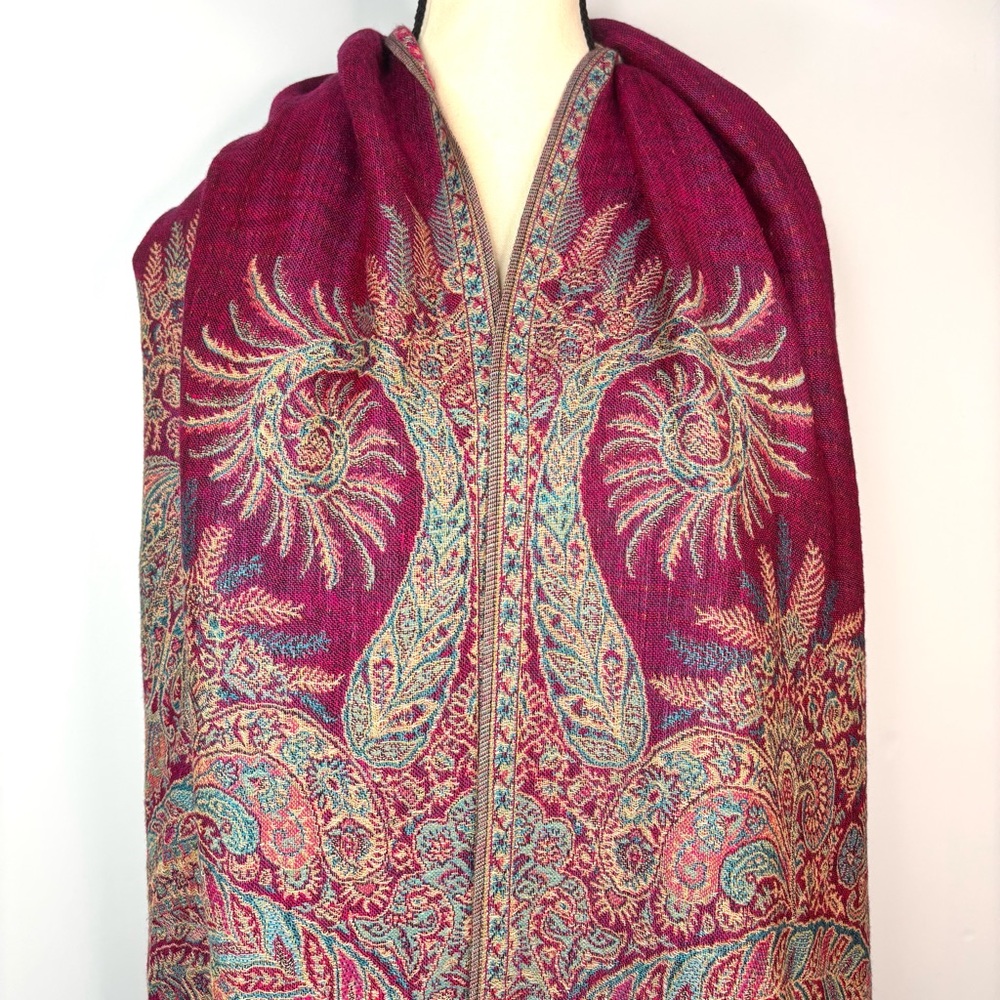 Pashmina Paisley Fuchsia Pink Teal Blue Jewel Tone Boho Silk Blend Scarf Wrap OS